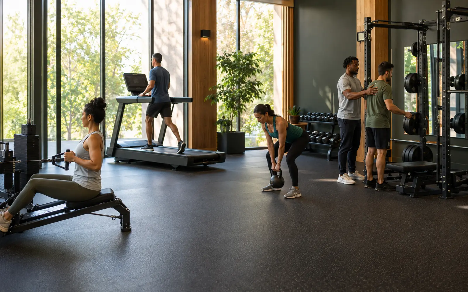 Sunlit gym interior with members using a cable row, treadmill, kettlebell, and squat rack